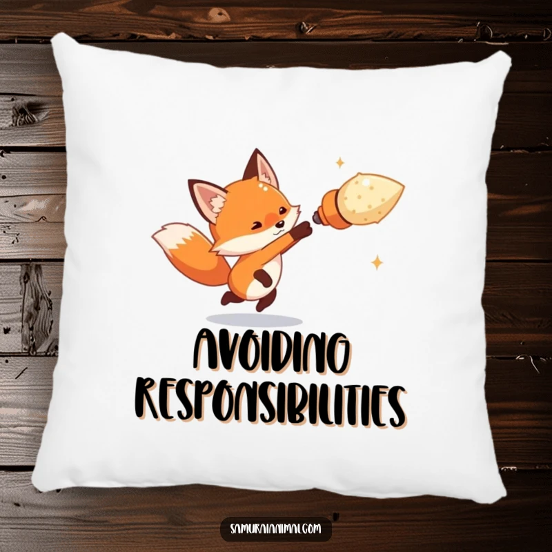 Funny tiny fox artfully dodging an oversized imaginary projectile on a soft pillow, a design radiating playful agility.