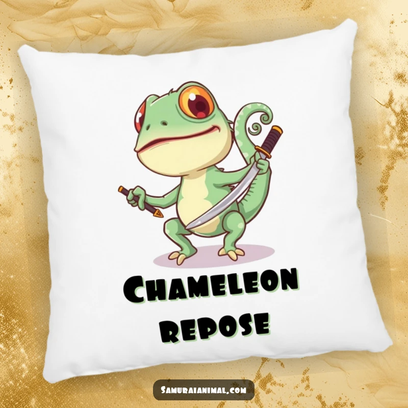 Funny Chameleon Sword Pillow: A joyful chameleon swings a samurai sword, its tail curled, offering cozy comfort and fun.