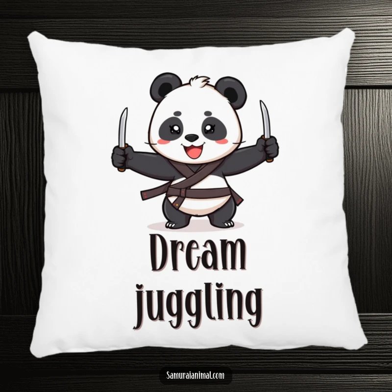 Funny Pillow featuring a cheerful panda with a wide grin, juggling three tiny katanas, providing comfort and humor.