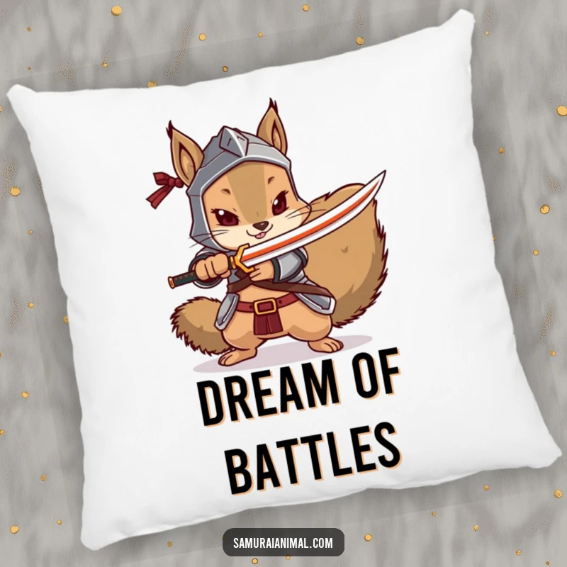 Funny squirrel pillow featuring a squirrel in armor, pointing a tiny katana, bringing warrior vibes to decor.