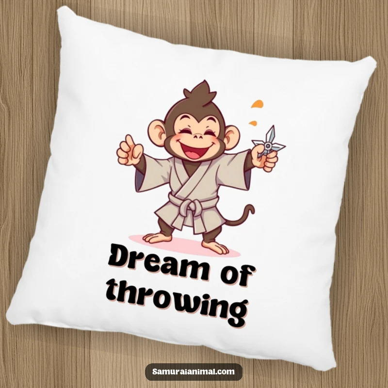 Funny monkey pillow featuring a cheerful monkey ninja throwing a shuriken, perfect for playful decor.