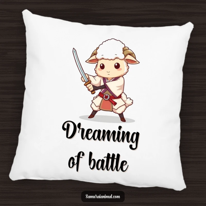 Funny pillow featuring a dignified sheep character gracefully practicing a sword flourish, perfect for adding humor to relaxation.