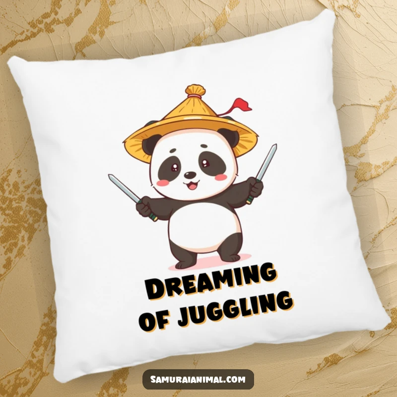 Funny Panda Juggling Pillow: A soft pillow featuring a panda in a straw hat juggling small swords.
