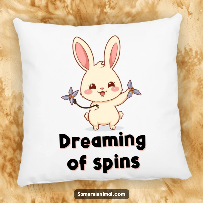 Funny rabbit pillow featuring a happy bunny playfully spinning a miniature shuriken with a curious gaze, perfect for cozy relaxation.