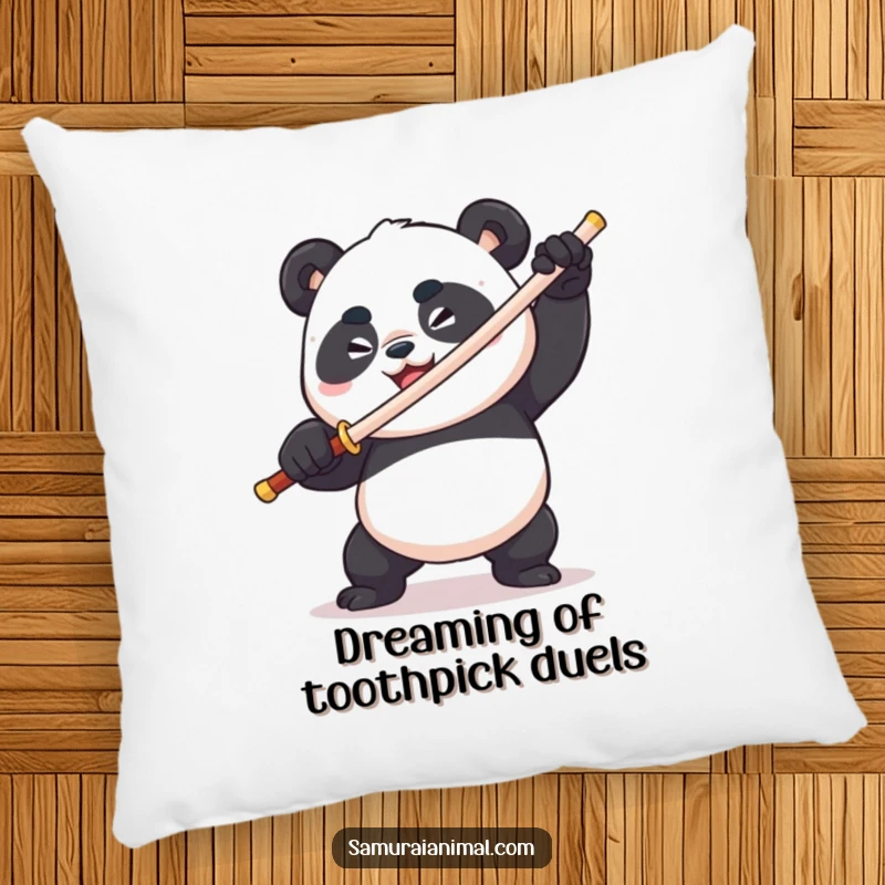 Funny plump panda wielding a toothpick sword, fierce & comical, determined grin, cozy warrior pillow, soft and decorative.