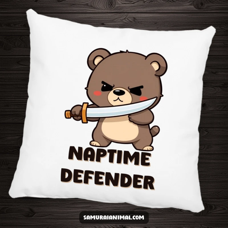 Funny bear sword pillow with a determined bear character holding a tiny wooden sword, ready to parry with a courageous grin.