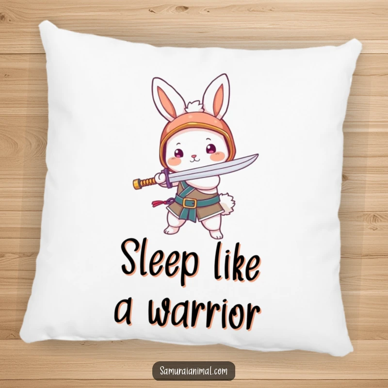 Funny pillow with a fluffy bunny in a helmet, swinging a noodle sword. Soft, cozy, and adorably fierce.