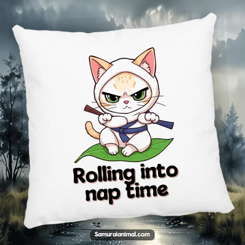Funny cat character in ninja attire, determinedly rolling on a leaf, displayed on a soft and decorative pillow.