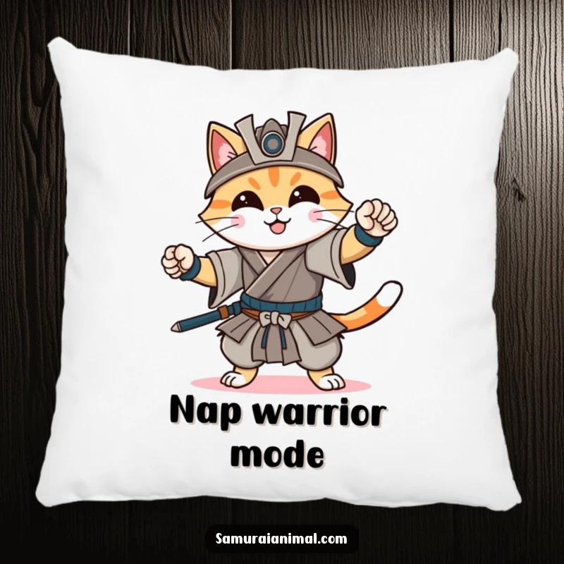 Funny pillow showcasing a cheerful cat in a dynamic samurai pose with a gentle smile, perfect for adding a touch of warrior comfort.