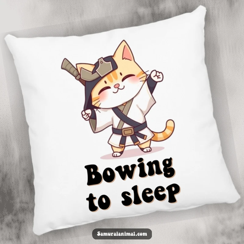 Funny Cat Samurai Pillow with a happy cat warrior performing an exaggerated bow, bringing cozy humor.