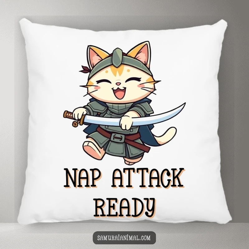 Funny Cat Warrior Pillow: A smiling armored cat in a heroic leap, katana at the ready, on a soft cushion.