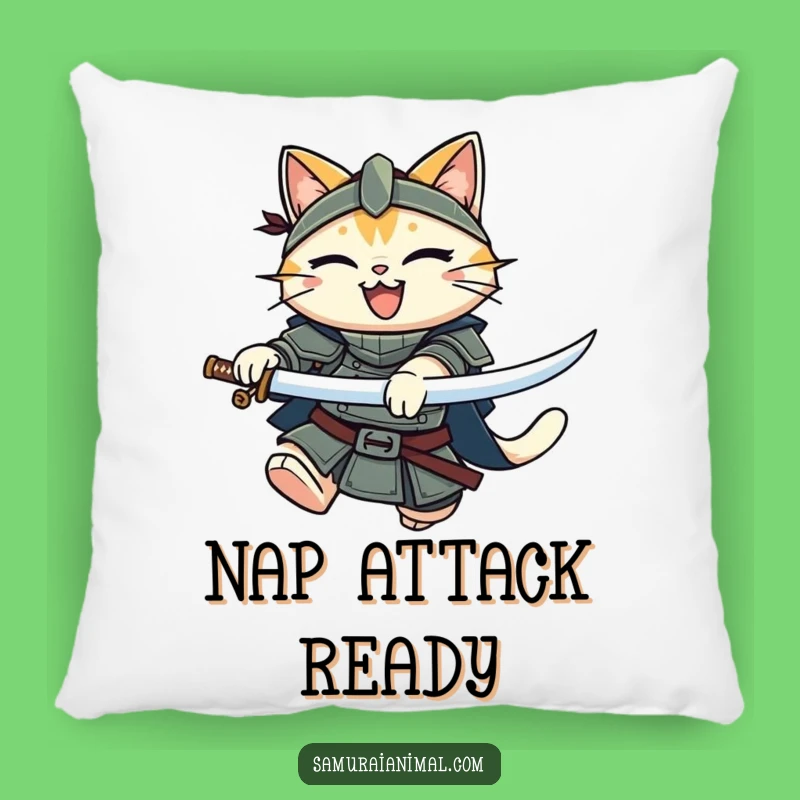 Funny Cat Warrior Pillow: Cozy Leaping Katana Feline Cushion, Comfy Gift