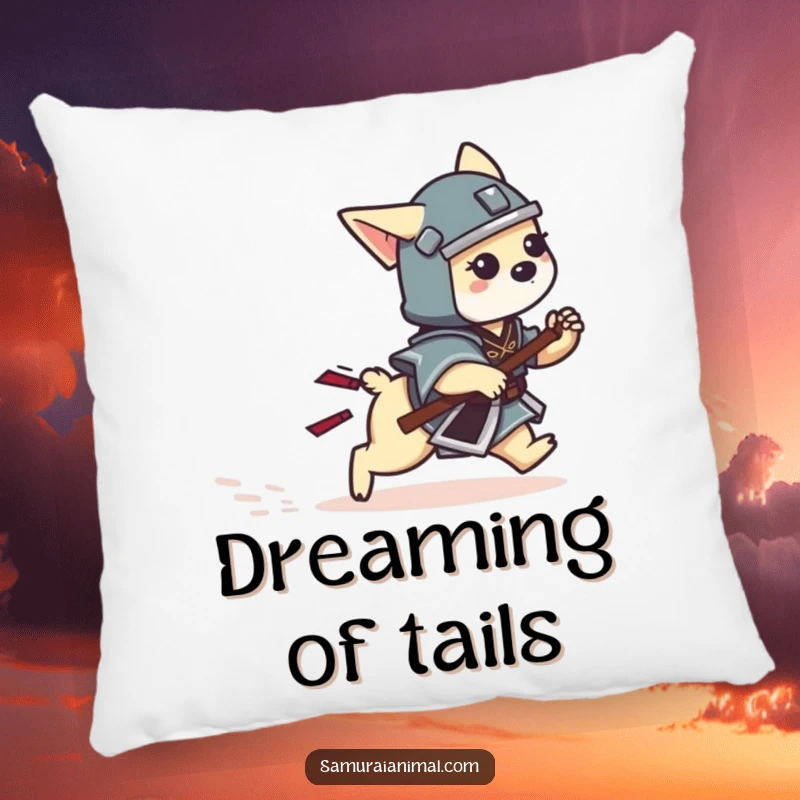 Funny Dog Samurai Pillow with a tiny dog warrior playfully chasing its wagging tail, bringing cozy humor.