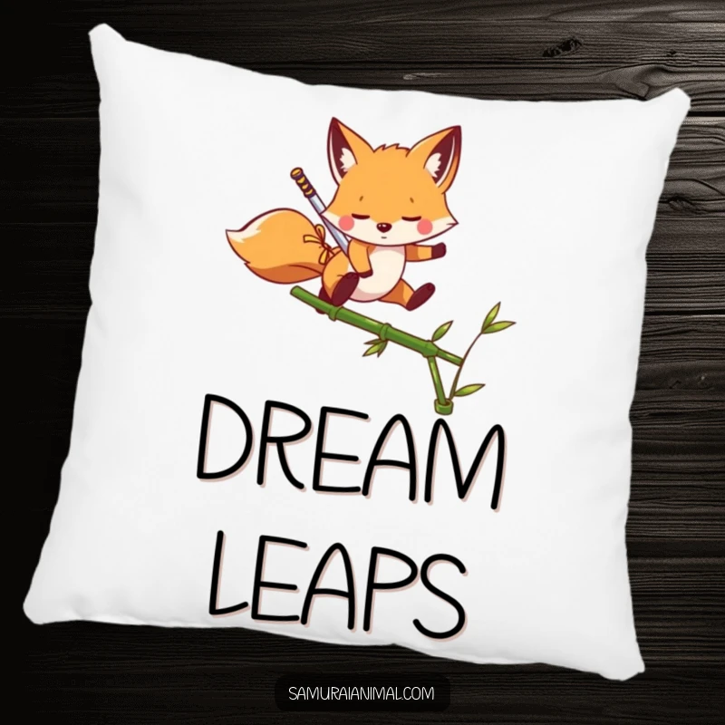 Funny Pillow featuring a playful fox with a tiny sword leaping over a bamboo shoot, providing comfort and humor.