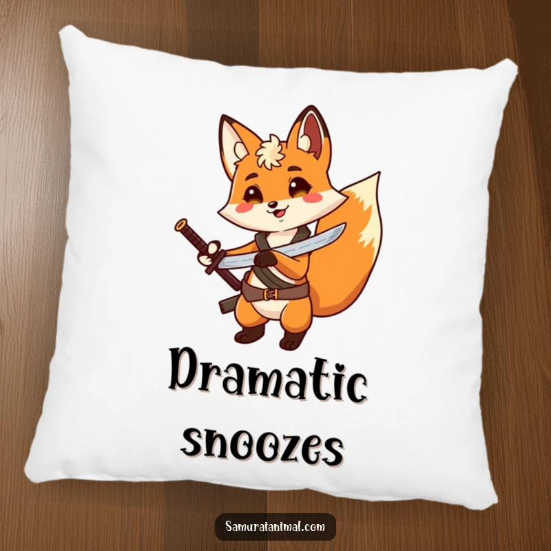 Funny Fox Adventure Pillow: A plush pillow showing a cheerful fox with a tiny sword on its back, posing dramatically.