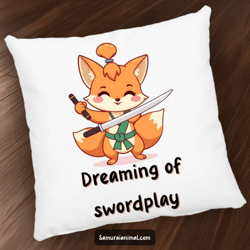 Funny fox pillow featuring a mischievous fox with a topknot, happily practicing a sword flourish, perfect for comfort.
