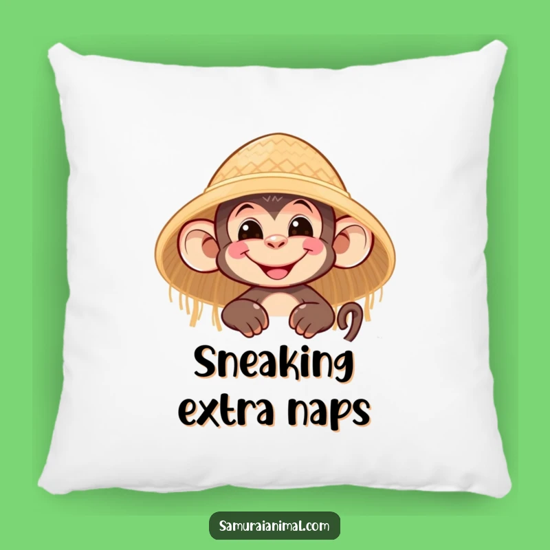 Funny Monkey Grin Pillow: Nimble Character's Cozy Straw Hat Cushion Gift