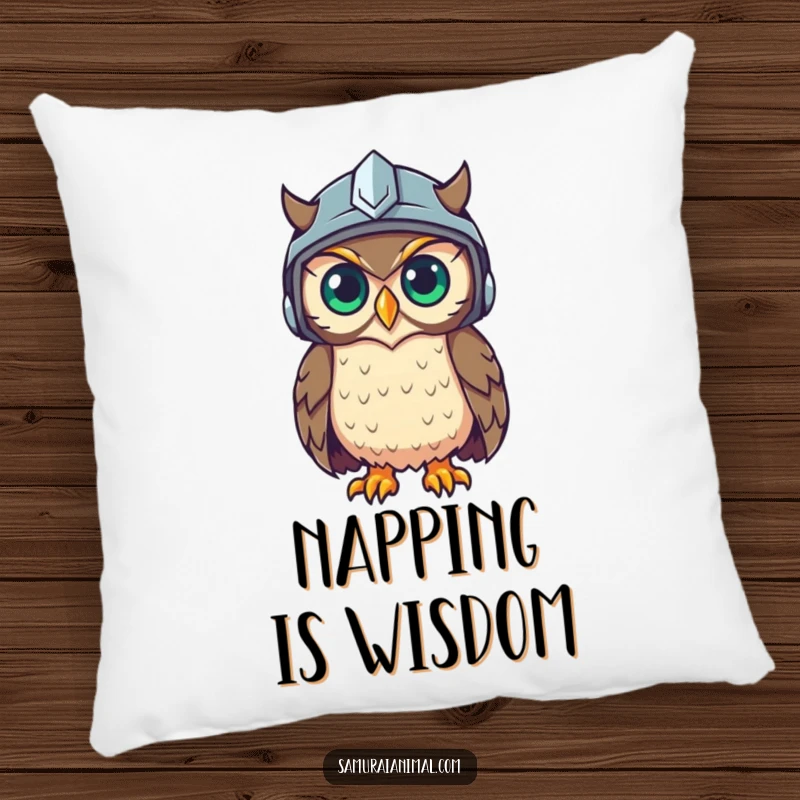 Funny pillow featuring a wise owl wearing a helmet, its gleam suggesting hidden knowledge and comfy relaxation.