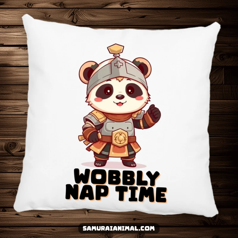 Funny Panda Armor Pillow, a tiny panda in ancient armor poses playfully, soft and cuddly.
