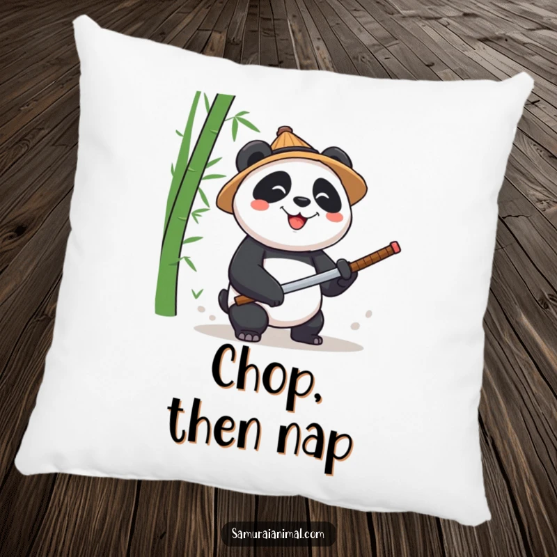 Funny Panda Chopping Pillow: A plush pillow showing a panda wearing a straw hat, chopping bamboo with a tiny katana.