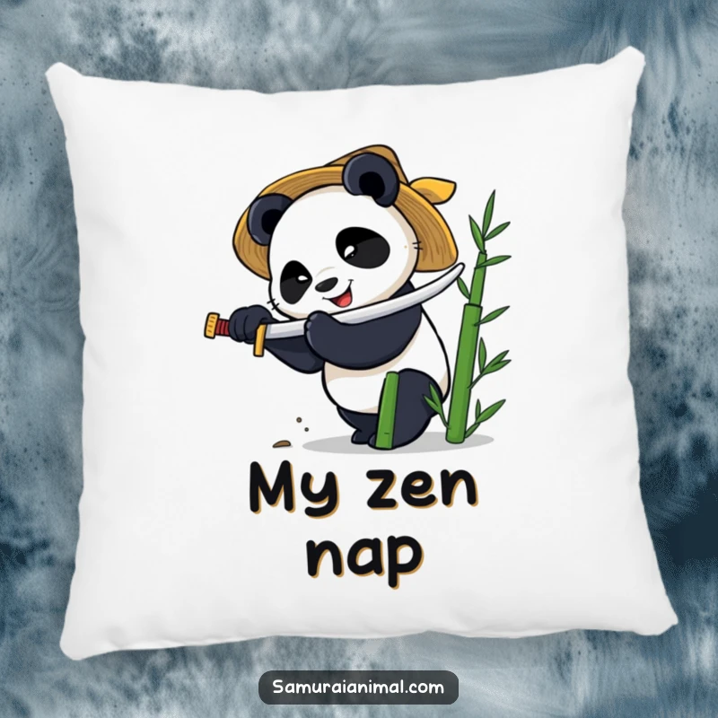Funny decorative pillow featuring a smiling panda in a straw hat, intensely chopping bamboo with a tiny katana.