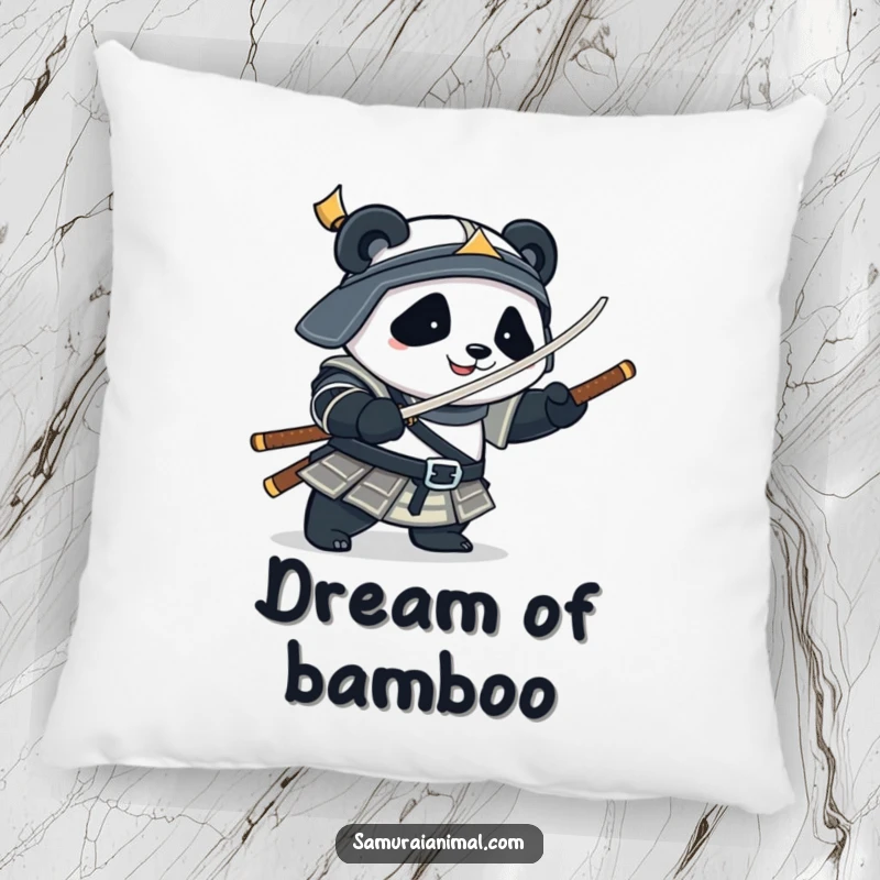 Funny Pillow featuring a plump panda in samurai armor playfully spinning a bamboo sword, offering plush comfort and humor.