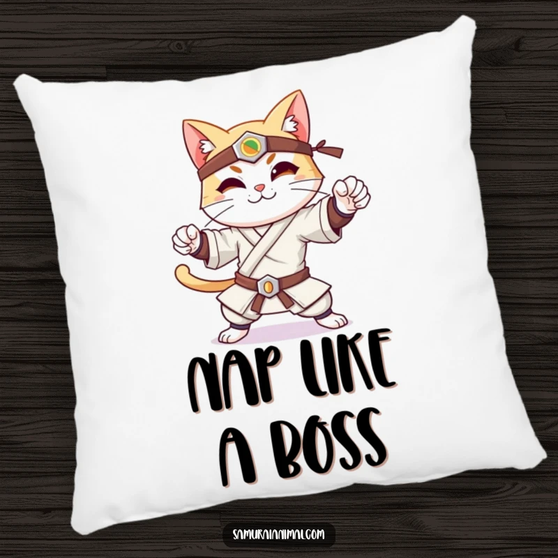 Funny pillow with a cheerful cat striking a confident samurai pose, complete with a serene, gentle smile.
