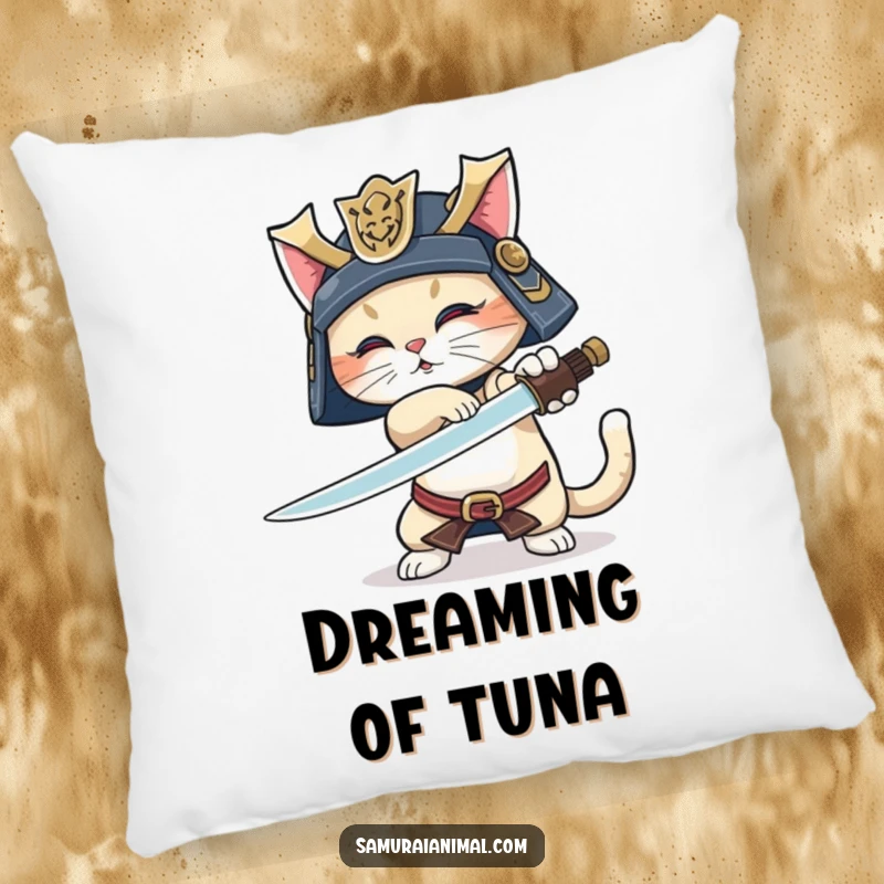 Funny Samurai Cat Pillow: Soft cushion showcasing a cat samurai in helmet, practicing a sword trick with a happy, wagging tail.