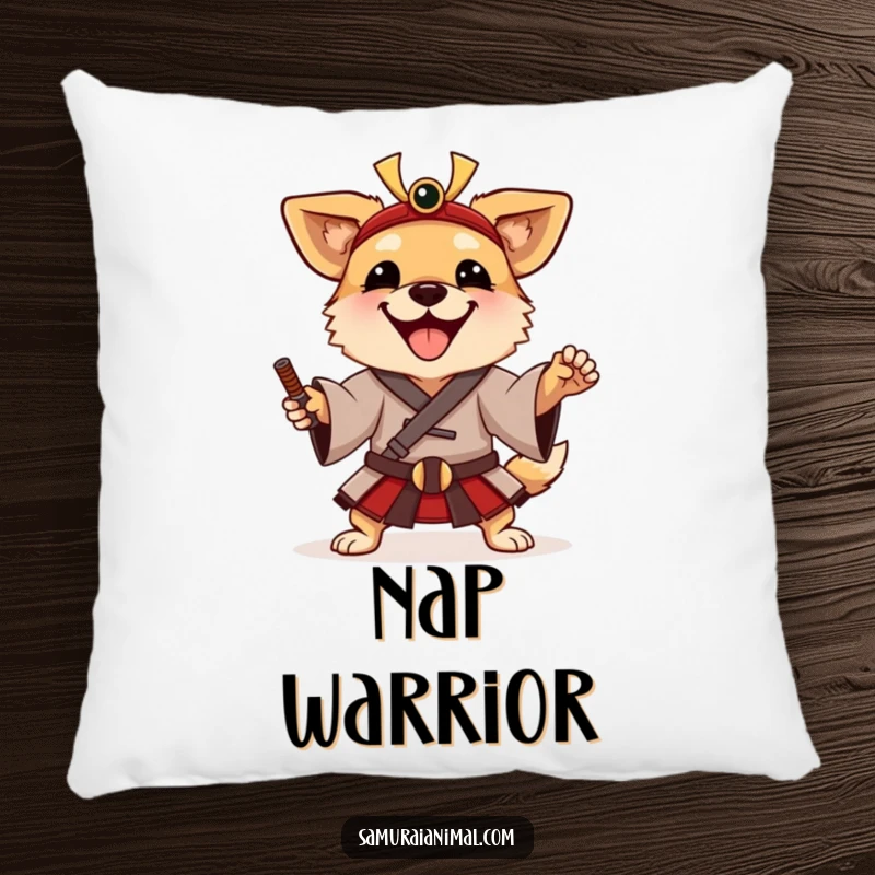 Funny Pillow featuring a happy dog in a traditional samurai tunic, striking a playful warrior pose.