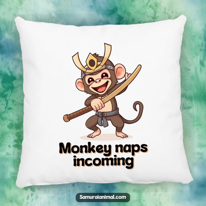 Funny pillow featuring a happy monkey in a samurai mask, energetically swinging a wooden sword, offering a humorous and soft decorative touch.