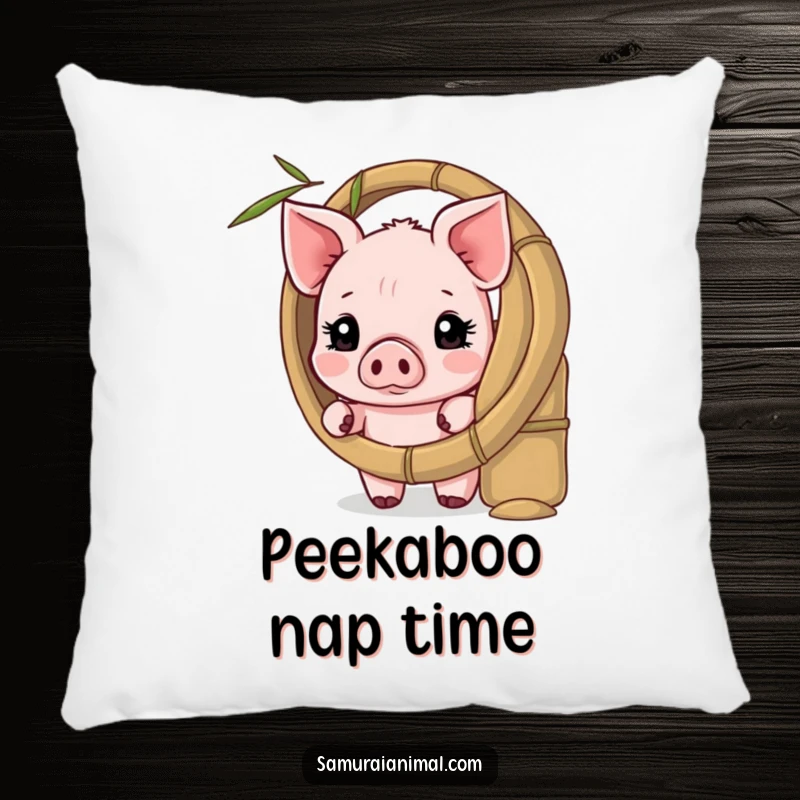 Funny pillow with a shy piglet peeking from behind a bamboo shield, providing comfort and a touch of endearing charm.