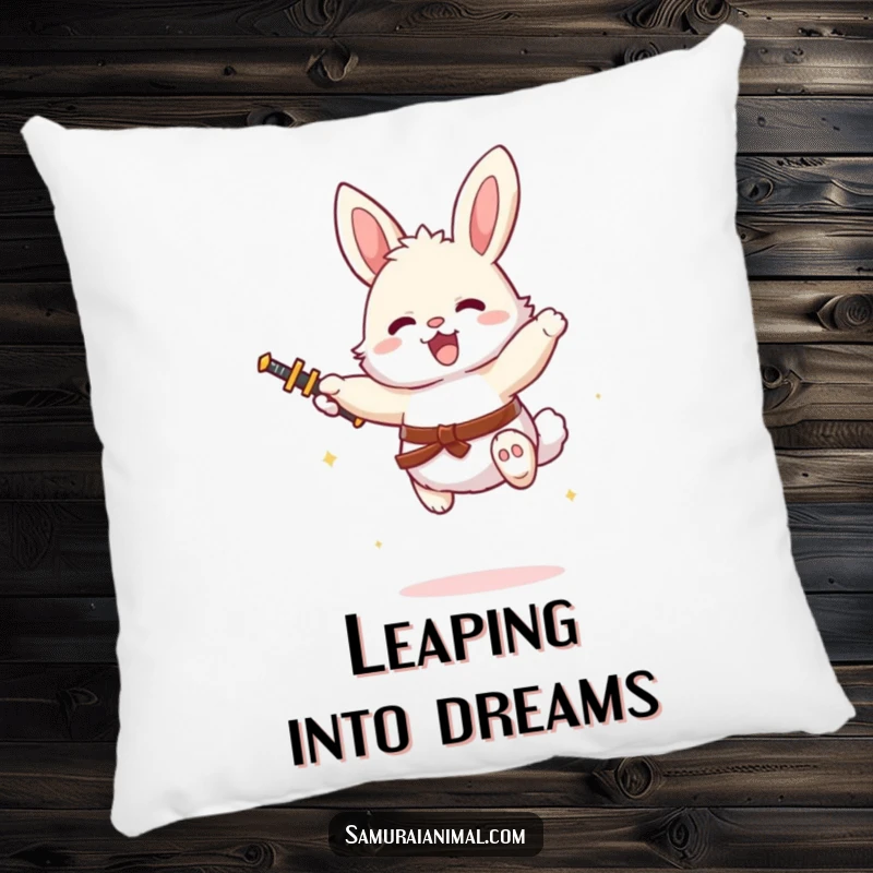 Funny and adorable bunny character performing a mid-air sword leap, displayed on a soft and decorative pillow.