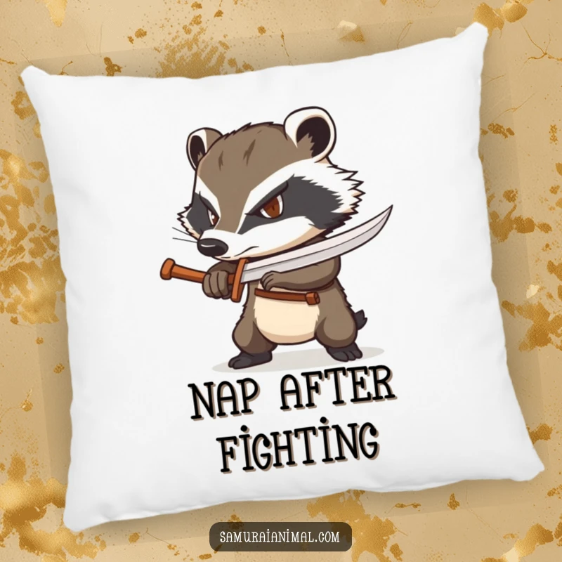 Funny badger pillow featuring a determined badger wielding a tiny wooden sword, perfect for gritty decor.