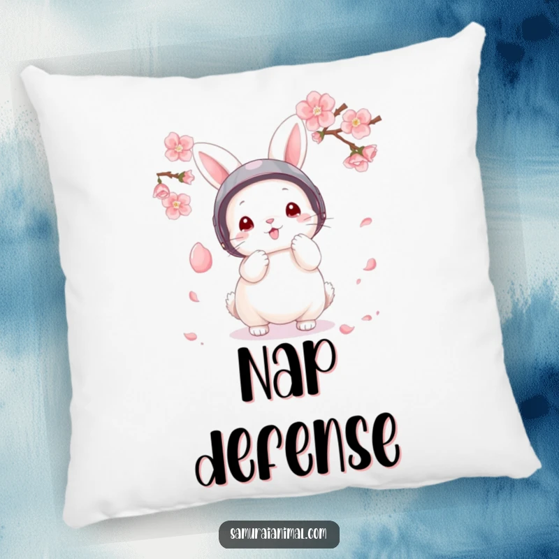 Funny Pillow featuring a fluffy bunny in a tiny helmet, bravely parrying a falling cherry blossom petal.