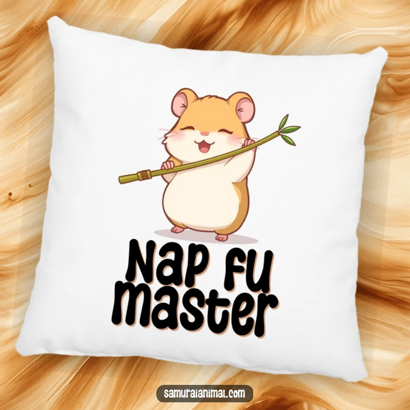 Funny pillow showcasing a small, sleepy hamster happily swinging a miniature bamboo staff, practicing martial arts with adorable determination.