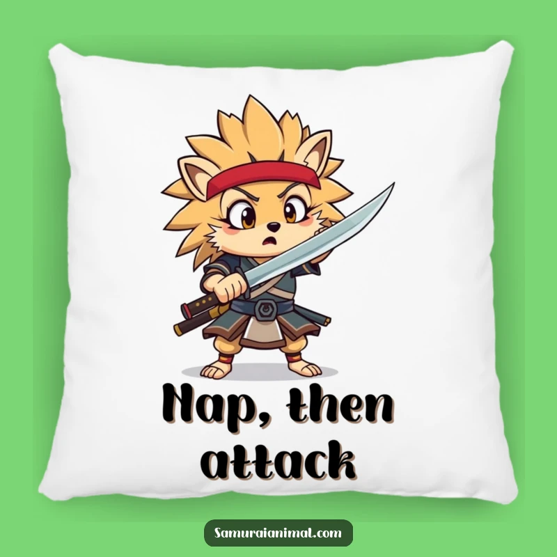 Funny Hedgehog Samurai Pillow: Goofy Warrior Surprise Accent Cushion Funny Gift