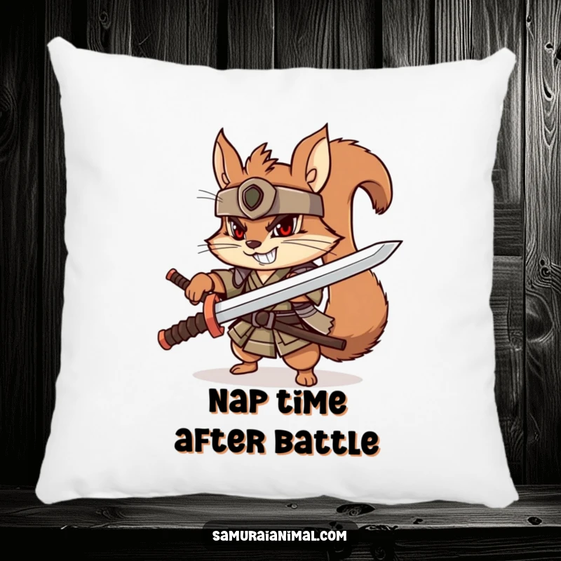 Funny squirrel samurai pillow, playful character with wooden katana, determined grin, cute warrior cushion.