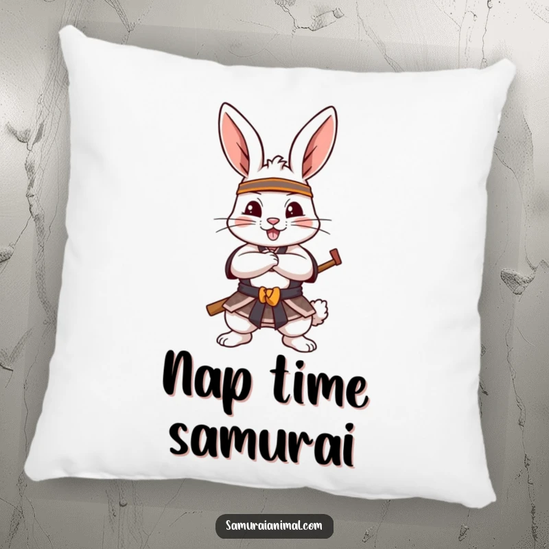 Funny Pillow featuring a cheerful rabbit in a samurai pose, paws crossed, offering comfort and a dose of playful warrior humor.