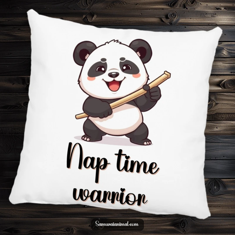 Funny plump panda comically wielding a toothpick sword on a soft pillow, a design radiating determined humor.