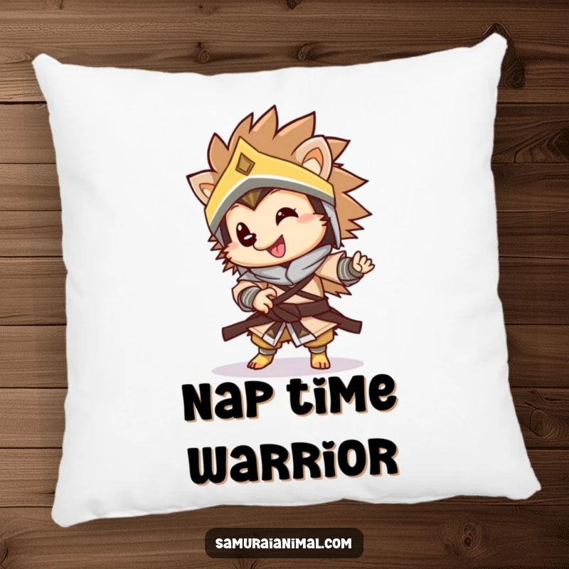 Funny warrior hedgehog pillow featuring a happy, armored hedgehog in a cute, playful spin, offering comfort and comedic charm.