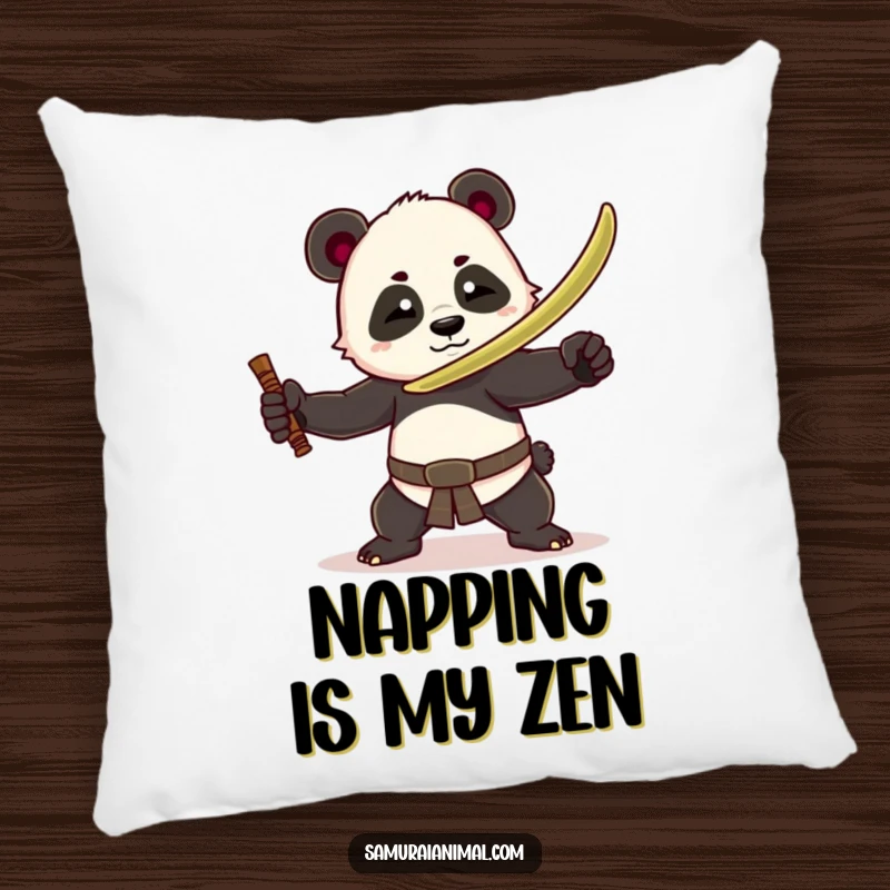 Funny panda warrior pillow featuring a cute panda with a bamboo sword in a dramatic, humorous pose, ideal for cozy decor.