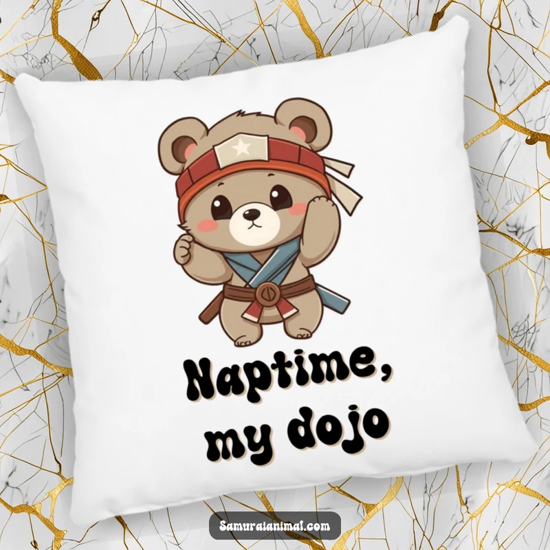 Funny decorative pillow with a small bear cub adjusting its samurai headband, offering funny comfort and a touch of warrior spirit.