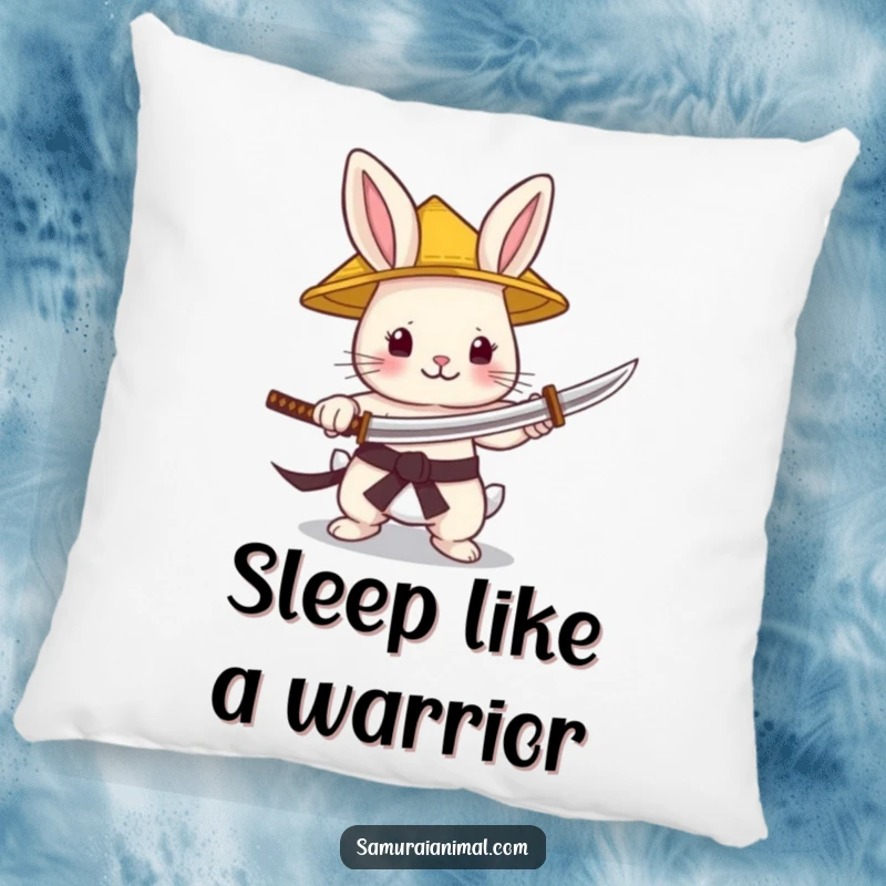 Funny Pillow featuring a tiny bunny samurai in a straw hat, gleefully holding a minuscule katana, offering comfort and charm.