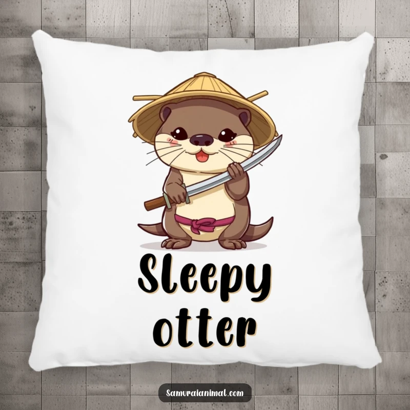 Funny decorative pillow featuring a brave otter wearing a bamboo hat and holding a miniature katana.