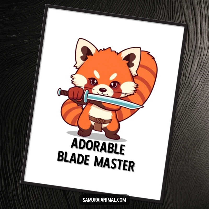Funny red panda digital art print showing a stylized character in a dramatic sword stance, ideal for vibrant wall decor.