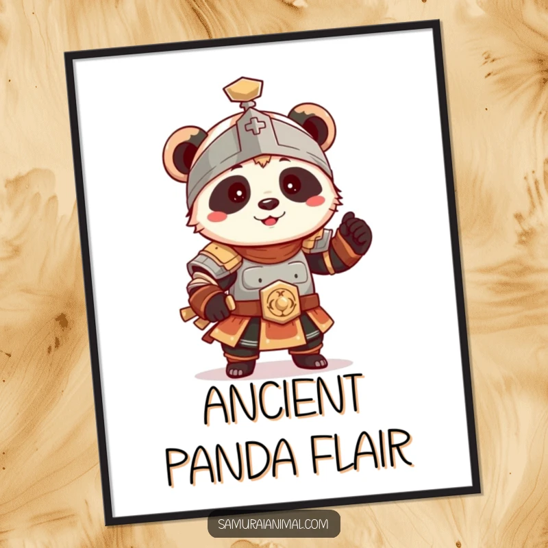 Funny Panda Warrior Digital Art Print, a tiny panda in ancient armor poses playfully, charming wall art.