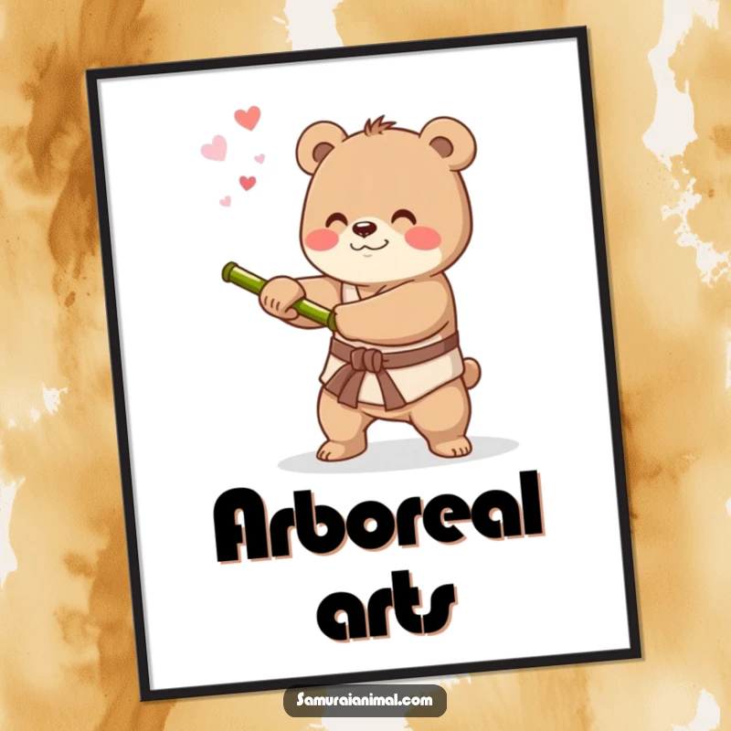 Funny digital art print of a happy little bear practicing sword swings, bringing focused determination and charm to any space.