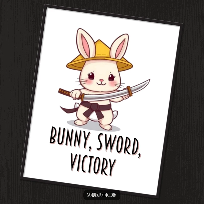 Funny Digital Art Print of a tiny bunny samurai in a straw hat gleefully wielding a minuscule katana, bringing instant charm.