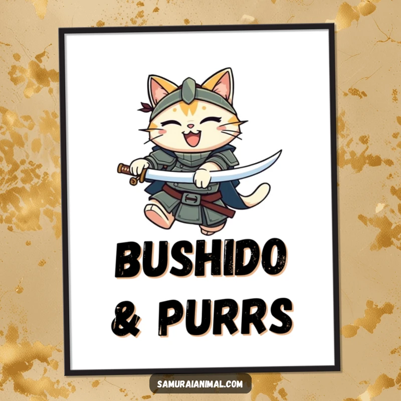 Funny Cat Knight Digital Art: A smiling armored cat mid-air, wielding a katana, embodying heroic and funny spirit.