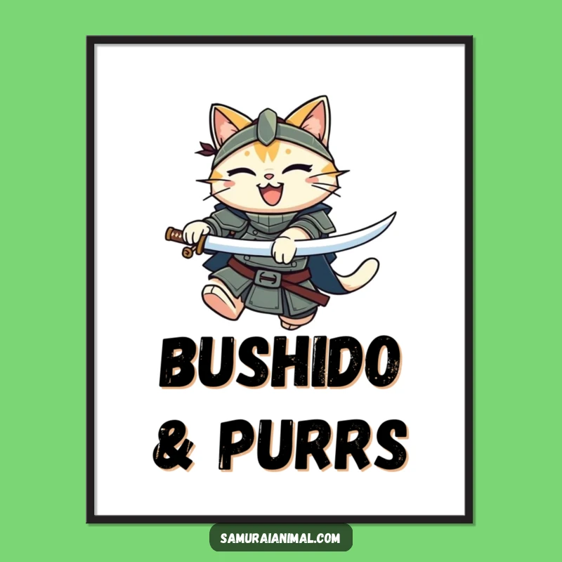 Funny Cat Knight Digital Art: Leaping Katana Feline Warrior, Instant Download Gift